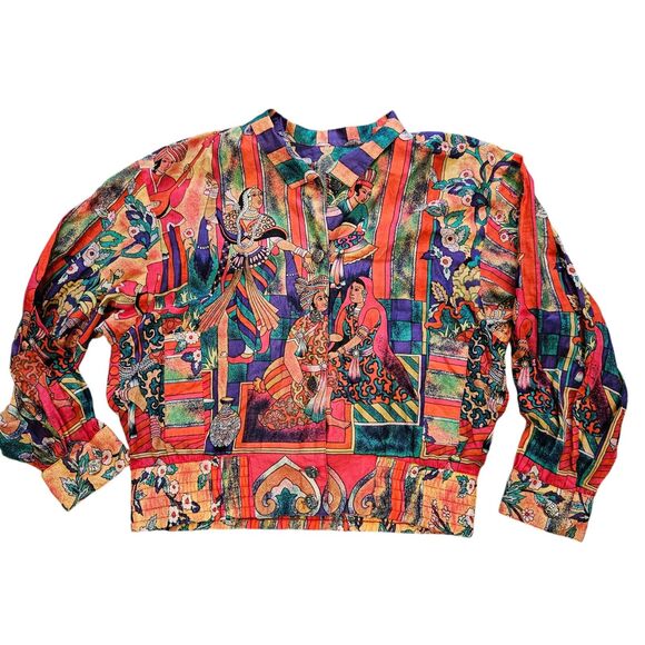 Vtg Lightweight Bomber Jacket Womens L Egyptian Print Wearable Art Ethnic Boho - Picture 1 of 11